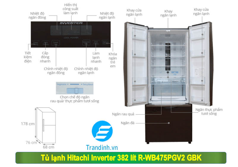 Hình ảnh mô tả tổng quan tủ lạnh Hitachi R-WB475PGV2 GBK