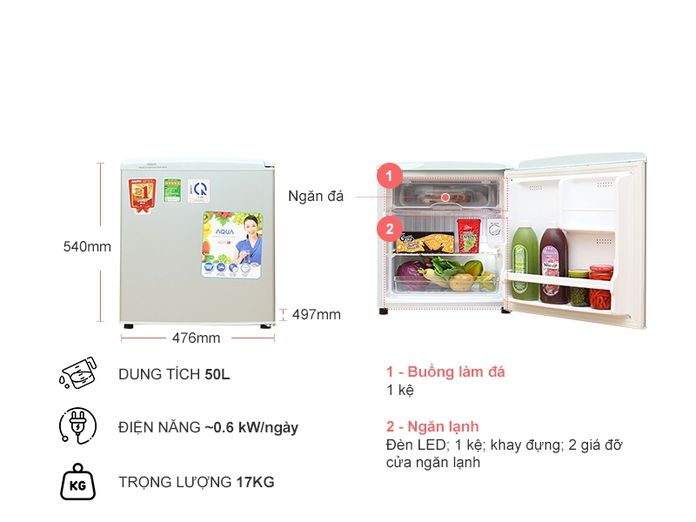 TOP 5 tủ lạnh giá rẻ dưới 3 triệu bán chạy nhất hiện nay 49 Tủ lạnh mini Aqua AQR-55AR 50 lít - Giá: 2.150.000đ