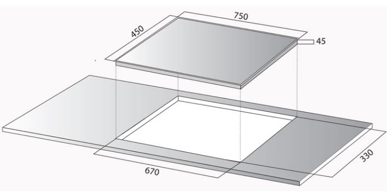 Bếp từ Kocher DI-733S 6 5. Kích thước lắp đặt bếp từ Kocher DI-733S