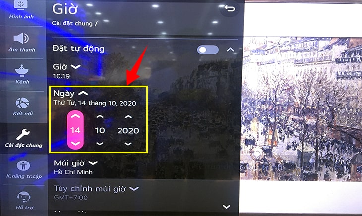 Cách cài đặt thời gian, múi giờ trên Smart tivi LG【 A đến Z 】 7 - Chọn mục "Ngày".