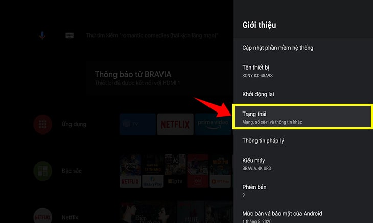 Chọn mục "Trạng thái".