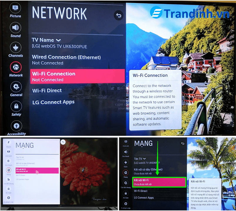 Trường hợp 2: Chọn Kết nối Wifi/Wi-fi Conection (cách kết nối wifi cho tivi LG này được áp dụng cho hầu hết dòng tivi thế hệ mới hiện nay)