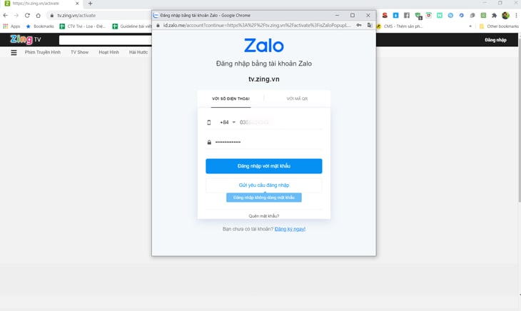 Cách sử dụng ứng dụng Zing TV trên Smart tivi LG 20 Bước 4: Cửa sổ đăng nhập tài khoản Zalo xuất hiện. Nhập Số điện thoại và mật khẩu để đăng nhập.