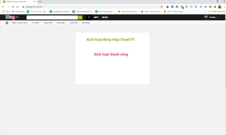 Cách sử dụng ứng dụng Zing TV trên Smart tivi LG 22 Giao diện thông báo kích hoạt tài khoản thành công xuất hiện trên máy tính.