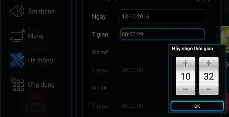 Bước 5: Bạn thao tác chọn lại thời gian ngày giờ cho đúng lại với hiện tại. Sau đó thoát ra (có thể khởi động lại tivi để áp dụng thiết lập mới) và tiến hành vào lại YouTube.