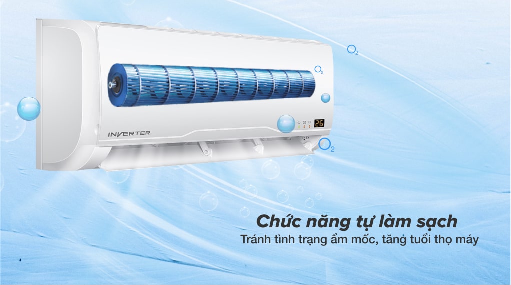5. Điều hòa Aqua Inverter 9000 BTU AQA-KCRV10TR trang bị hệ thống tự làm sạch