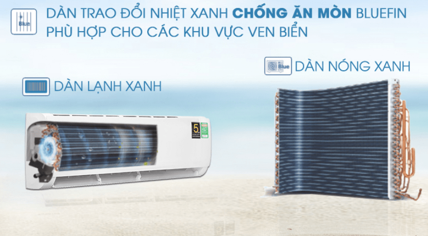 Điều hoà Aqua Inverter 1.5 HP AQA-KCRV13TK 12 9. Dàn lạnh và dàn nóng phủ lớp BLUEFIN bền bỉ, nâng cao tuổi thọ máy