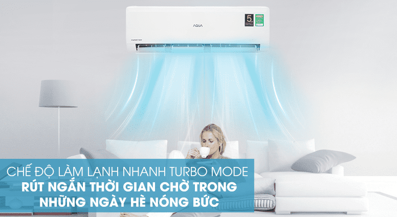 Điều hoà Aqua Inverter 1.5 HP AQA-KCRV13WNZA 10 7. Tính năng làm lạnh nhanh Turbo Mode tiện lợi trên máy lạnh AQUA inverter KCRV13WNZA