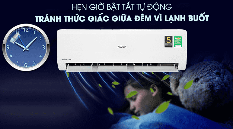 Điều hoà Aqua Inverter 1.5 HP AQA-KCRV13WNZA 11 8. Tính năng hẹn giờ bật/tắt máy tiện lợi trên điều hoà 1 chiều Aqua 1.5 HP AQA-KCRV13WNZA