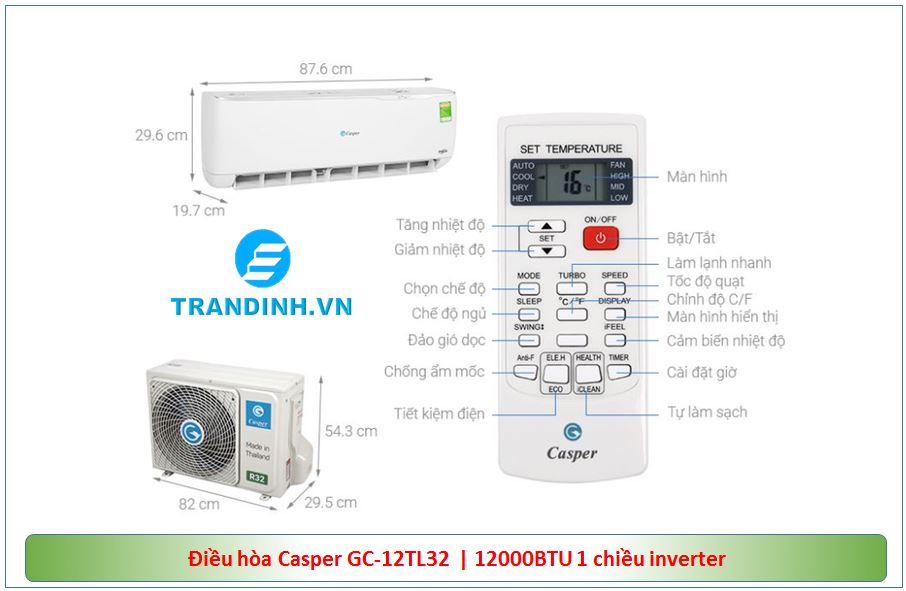 Tổng quan sản phẩm điều hòa Casprer Inverter GC-12TL32 12.000 BTU 1 chiều.