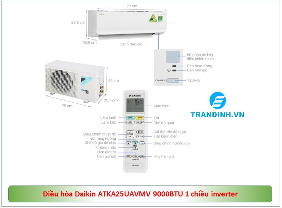 1. Tổng quan Điều hòa Daikin ATKA25UAVMV 9000BTU 1 chiều inverter giá rẻ chính hãng.