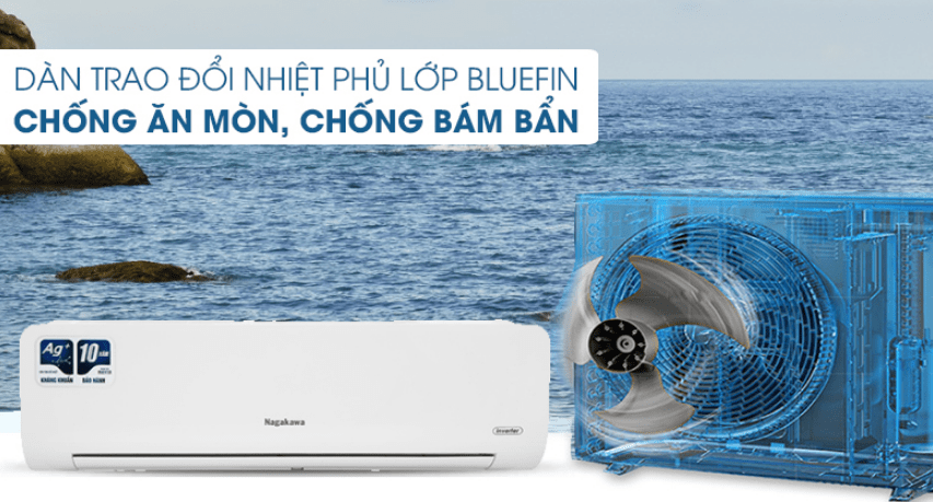 Điều hoà Nagakawa Inverter 1 HP NIS-C09R2H10 14 10. Dàn trao đổi nhiệt mạ xanh BlueFin chống oxy hóa, nâng cao tuổi thọ máy