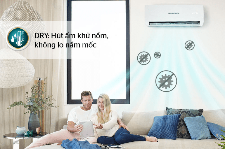 Điều hòa Sunhouse SHR-AW09C120 9000BTU 1 chiều 13 10. Điều hòa Sunhouse thế hệ mới có tính năng DRY hút ẩm khử nồm, ngăn cản nấm mốc sinh sôi trong phòng