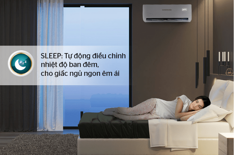 Điều hòa Sunhouse SHR-AW09C120 9000BTU 1 chiều 11 8. Máy lạnh Sunhouse AW09C120 có chế độ SLEEP tự động điều chỉnh nhiệt độ ban đêm, cho giấc ngủ ngon êm ái