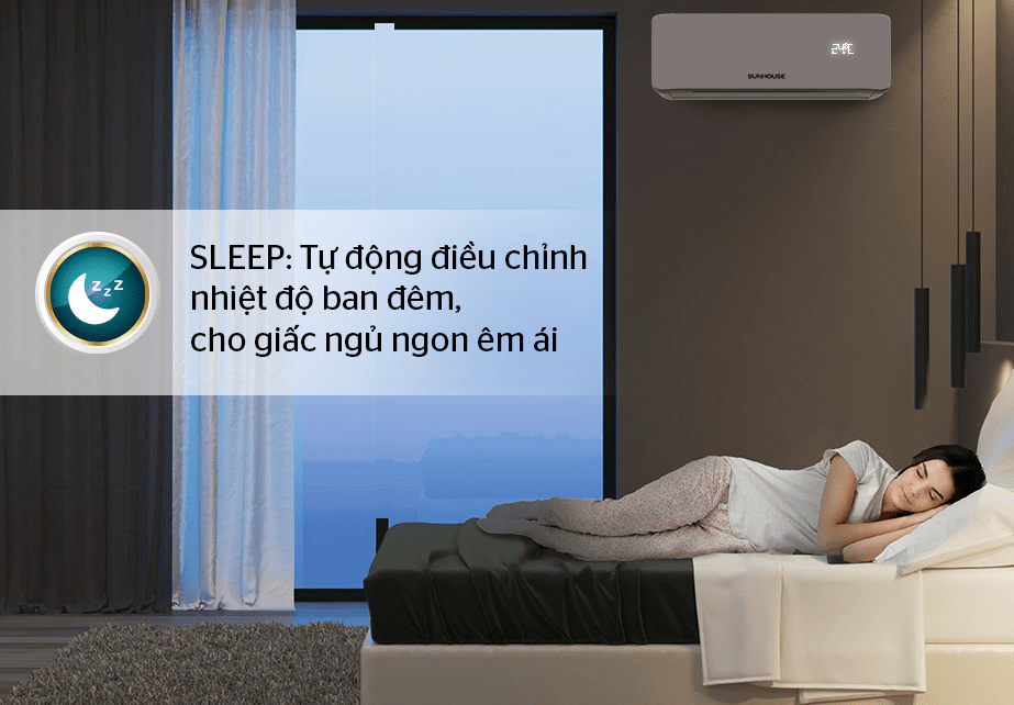 Điều hoà Sunhouse 9000BTU SHR-AW09C310 13 8. Chế độ SLEEP tự động điều chỉnh nhiệt độ ban đêm, cho người dùng giấc ngủ ngon êm ái, sâu giấc