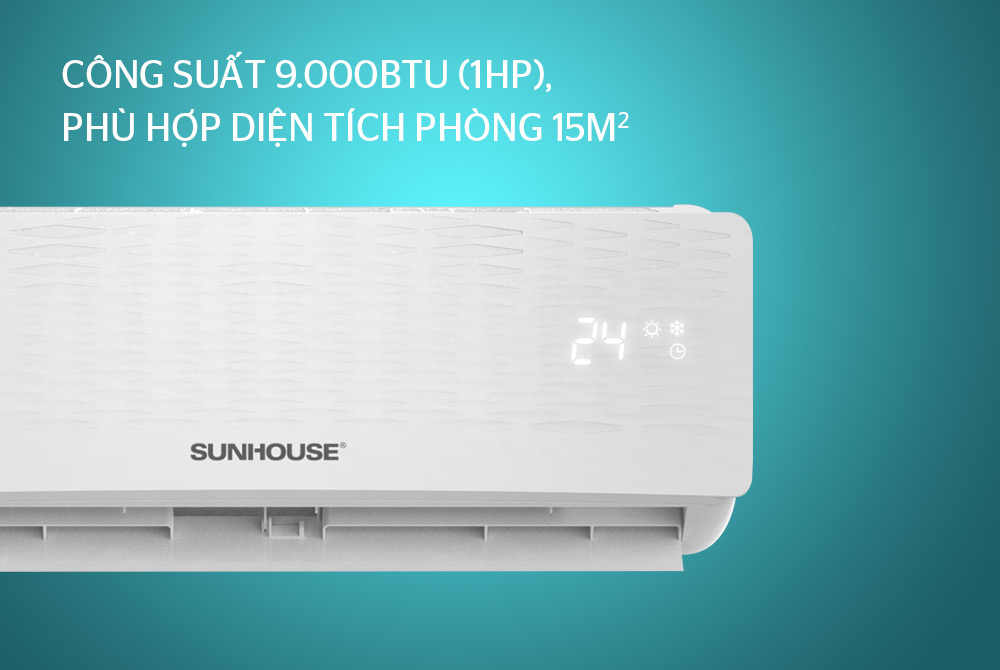 Điều hòa Sunhouse SHR-AW09H110 9000BTU 2 chiều 9 6. Công suất 9000BTU (1HP), phù hợp cho phòng diện tích 15m2