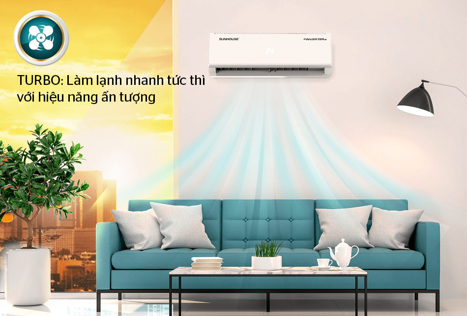 Điều hoà Sunhouse SHR-AW09IC610 9000btu inverter 10 6. Chức năng Turbo giúp làm lạnh nhanh chóng trên điều hoà Sunhouse 1HP SHR-AW09IC610