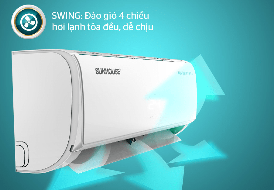 Điều hoà Sunhouse SHR-AW09IC610 9000btu inverter 12 8. Quạt gió với cánh hướng dòng 4 chiều, đảo gió tự động giúp khí lạnh tỏa đều khắp phòng