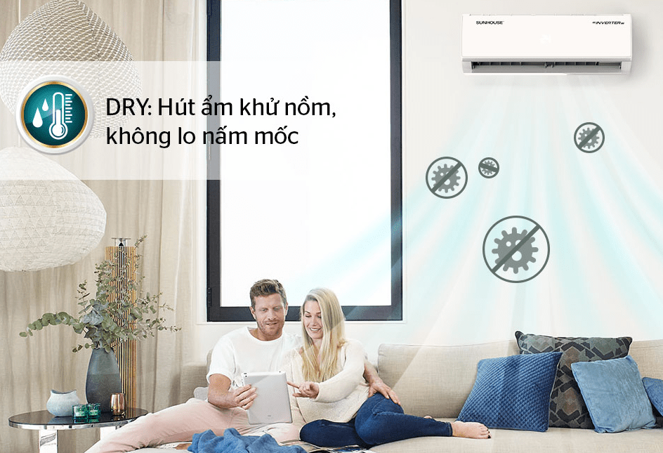 Điều hoà Sunhouse SHR-AW09IC610 9000btu inverter 13 9. Chế độ DRY giúp hút ẩm khử nồm, ngăn chặn nấm mốc trên điều hoà Sunhouse SHR AW09IC610
