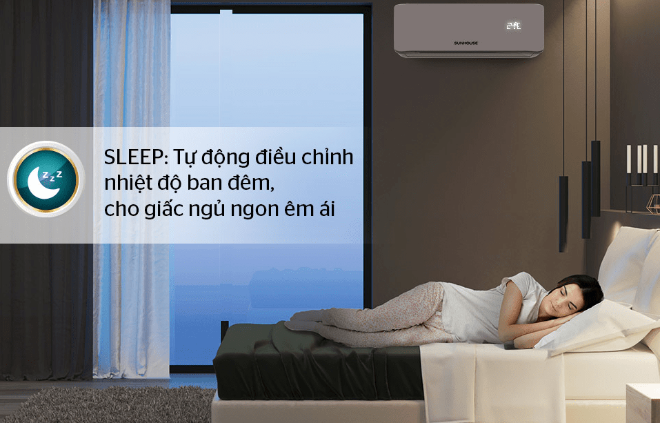 Điều hòa Sunhouse SHR-AW12C320 12000BTU 1 chiều 9 5. Chế độ Sleep tự động điều chỉnh nhiệt độ ban đêm, cho người dùng giấc ngủ ngon êm ái