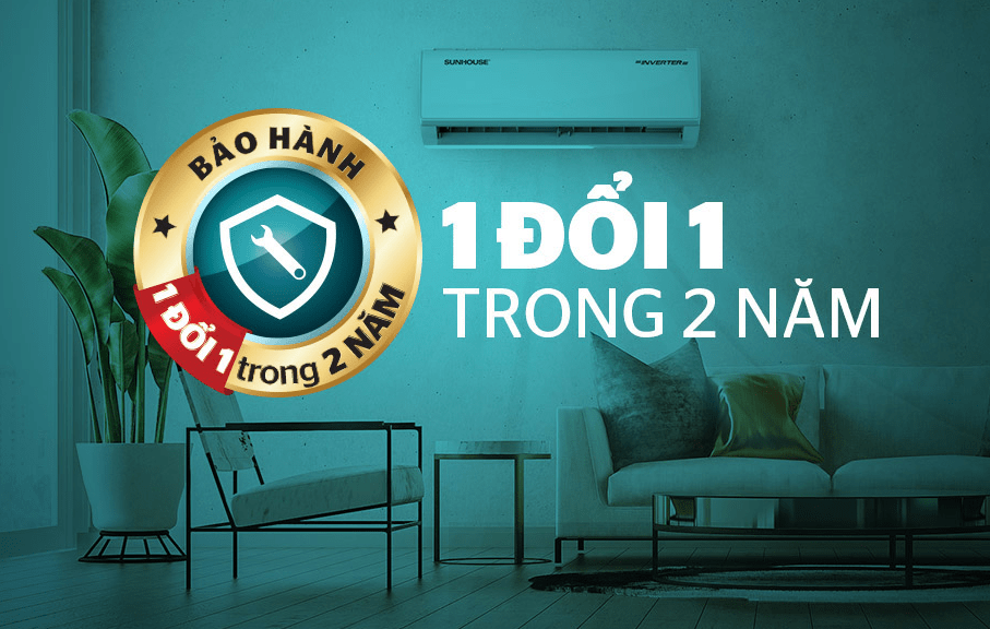 1. Chế độ bảo hành 1 đổi 1 trong 2 năm tiện lợi với điều hoà Sunhouse inverter SHR-AW12IC610