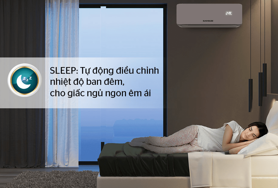 Điều hòa Sunhouse SHR-AW18C310 1 chiều 18000BTU 9 4. Tự động điều chỉnh nhiệt độ ban đêm, cho người dùng giấc ngủ ngon êm ái, sâu giấc nhờ chế độ Sleep