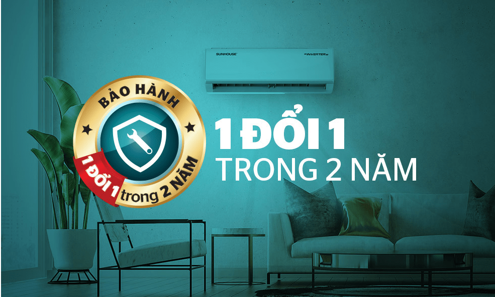 1. Chế độ bảo hành 1 đổi 1 trong 2 năm tiện lợi với điều hoà Sunhouse inverter SHR-AW18IC610