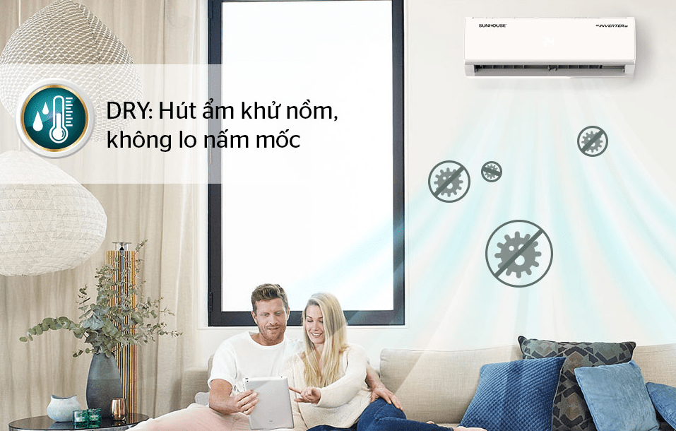5. Chế độ DRY giúp hút ẩm khử nồm, ngăn chặn nấm mốc trên điều hoà Sunhouse AW18IC610