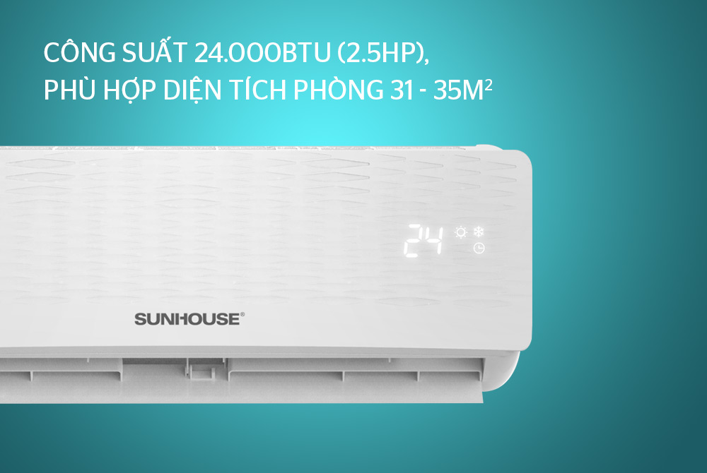 Điều hòa Sunhouse SHR-AW24C110 24000BTU 1 chiều 8 5. Công suất 24000BTU (2.5HP), phù hợp cho phòng diện tích 31- 35m2