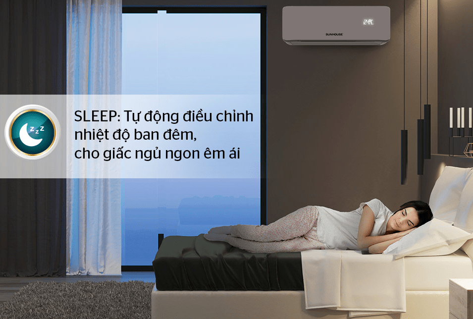 Điều hòa Sunhouse 1 chiều 24000BTU SHR-AW24C310 12 Chế độ SLEEP tự động điều chỉnh nhiệt độ ban đêm, cho người dùng giấc ngủ ngon êm ái, sâu giấc