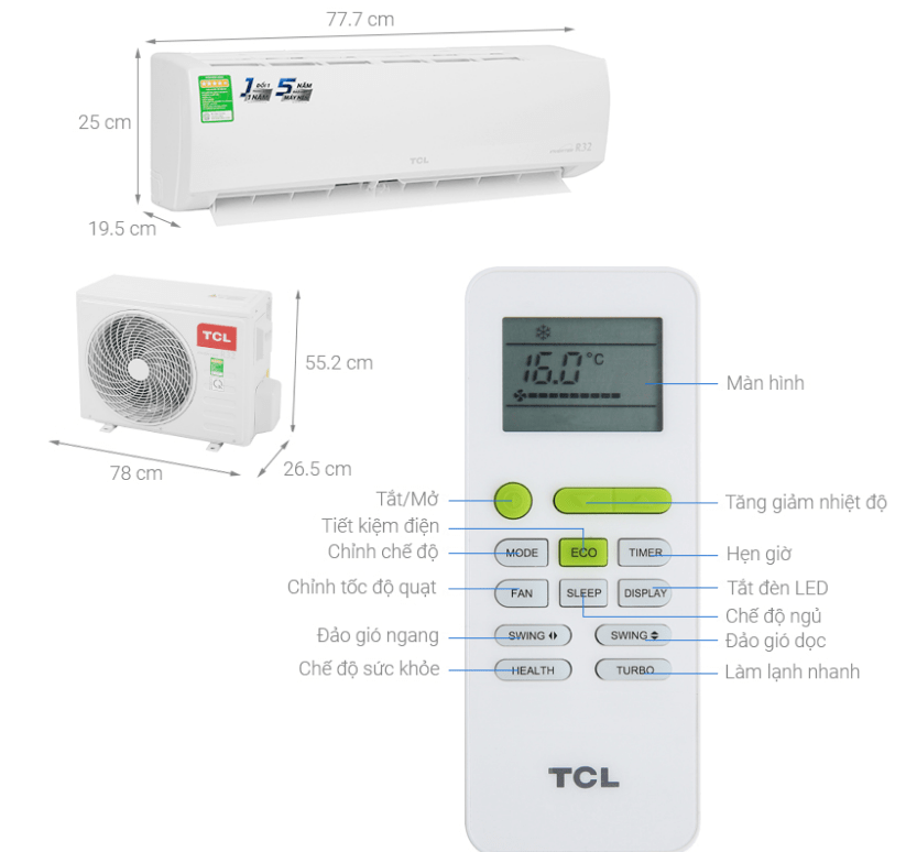 1. Phác hoạ tổng quát điều hòa TCL TAC-13CSD/XA66 1.5HP inverter 