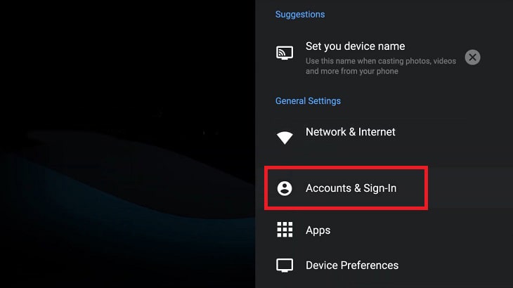 Cách chuyển đổi, thêm hoặc xóa tài khoản trên Google TV của tivi Sony 2 Bước 2: Nhấp chọn Tài khoản & Đăng nhập (Accounts & Sign-in)