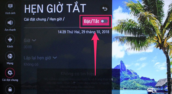 Hướng dẫn cách hẹn giờ tắt, bật cho Smart tivi LG 15 Bước 2: Bật cần gạt "Bật/Tắt" như hình để bật cài đặt hẹn giờ tắt.