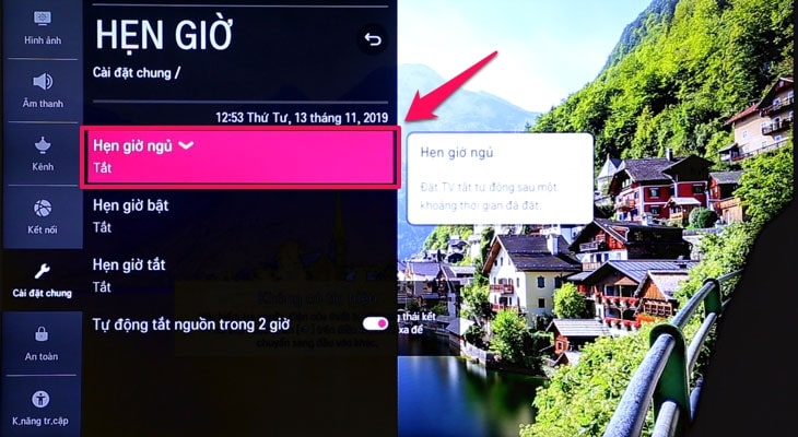 Hướng dẫn cách hẹn giờ tắt, bật cho Smart tivi LG 5 Bước 1: Bạn chọn mục "Hẹn giờ ngủ"/"Sleep timer".