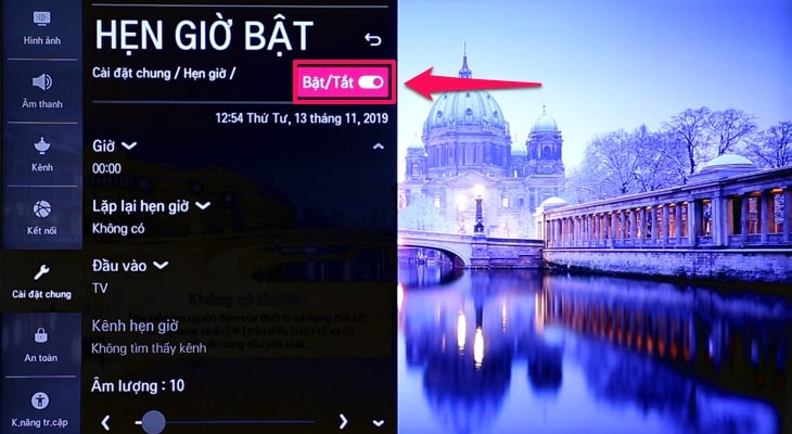 Hướng dẫn cách hẹn giờ tắt, bật cho Smart tivi LG 8 Bước 2: Bật cần gạt "Bật/Tắt" như hình để bật cài đặt hẹn giờ bật.