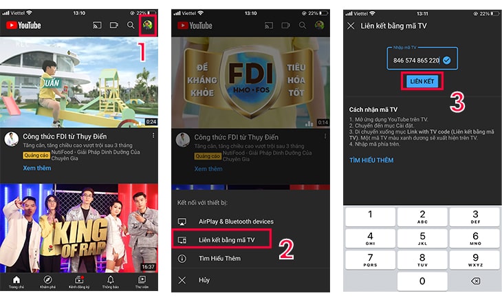 Cách sử dụng ứng dụng YouTube trên Smart tivi LG 6 Bước 2: Nhập mã liên kết TV vào ứng dụng YouTube trên điện thoại.