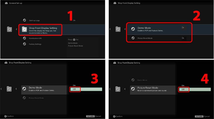 Hướng dẫn cách tắt chế độ Demo trên TiVi Sony | từ A đến Z 9 Bước 5. Chuyển Demo Mode (Chế độ Demo) và Picture Reset Mode (Chế độ thiết lập lại ảnh) thành OFF