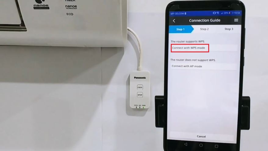 Bước 2: Tại giao diện ứng dụng Panasonic Comfort Cloud, bạn nhấn chọn Connect with WPS Mode (kết nối với chế độ WPS) và nhấn Next (Tiếp tục).