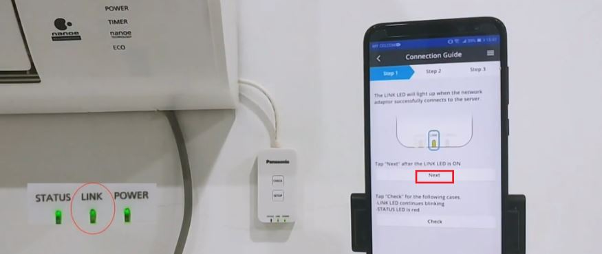 Bước 3: Giữ nút SET UP trên cục adaptor wifi cho đến khi đèn status và link nháy cùng một lúc như trên hình.