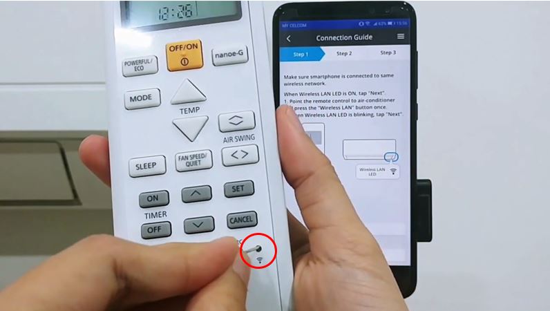 Bước 6: Lấy một cây đinh ghim nhỏ nhấn vào biểu tượng wifi một lần trên remote điều khiển. 