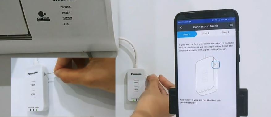 Bước 6: Sử dụng ghim nhấn vào nút Reset trên cục adaptor wifi để khởi động thiết bị và chọn Next (Tiếp tục).