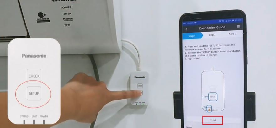  Sau đó nhấn vào nút SET UP trên cục adaptor wifi cho đến khi đèn chuyển sang màu cam thì nhấn chọn Next (Tiếp theo).