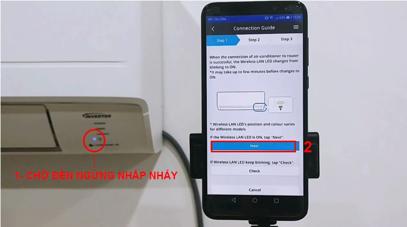 Bước 4: Nhấn Next trên ứng dụng. (Chờ một lúc để ứng dụng tìm thiết bị điều hòa chưa đăng ký).