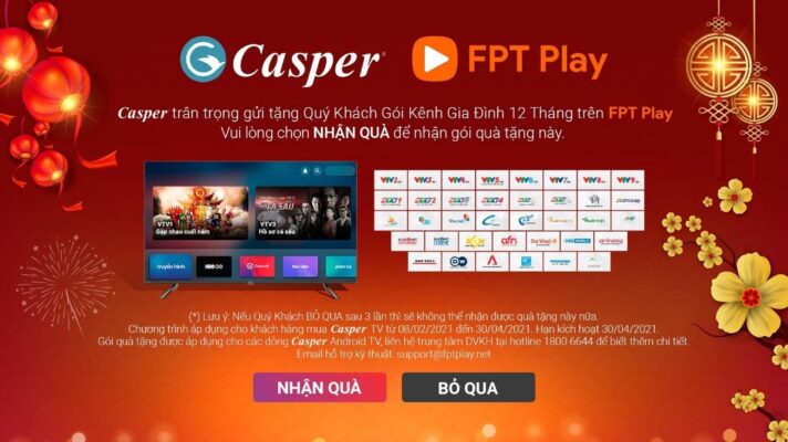 thông báo kích hoạt fpt play trên tivi casper