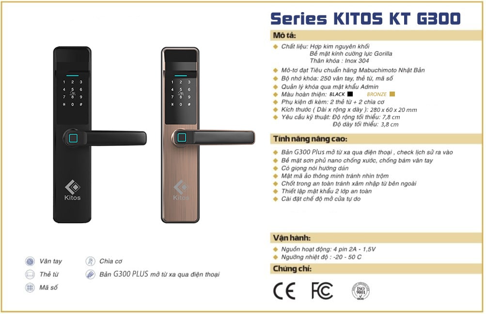 Khóa cửa vân tay Kitos KT-G300 1 Thông tin tổng quát khoá cửa vân tay KT-G300