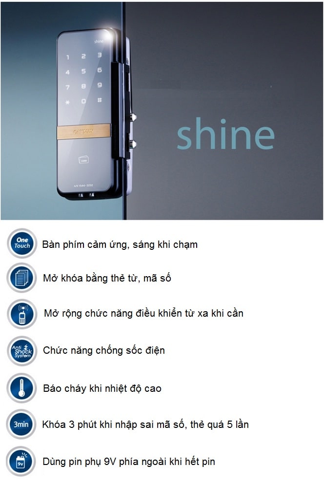 Khoá cửa thẻ từ - Khoá mã số GATEMAN SHINE 5 3. Chức năng an ninh trên khoá cửa kính Gateman Shine-V