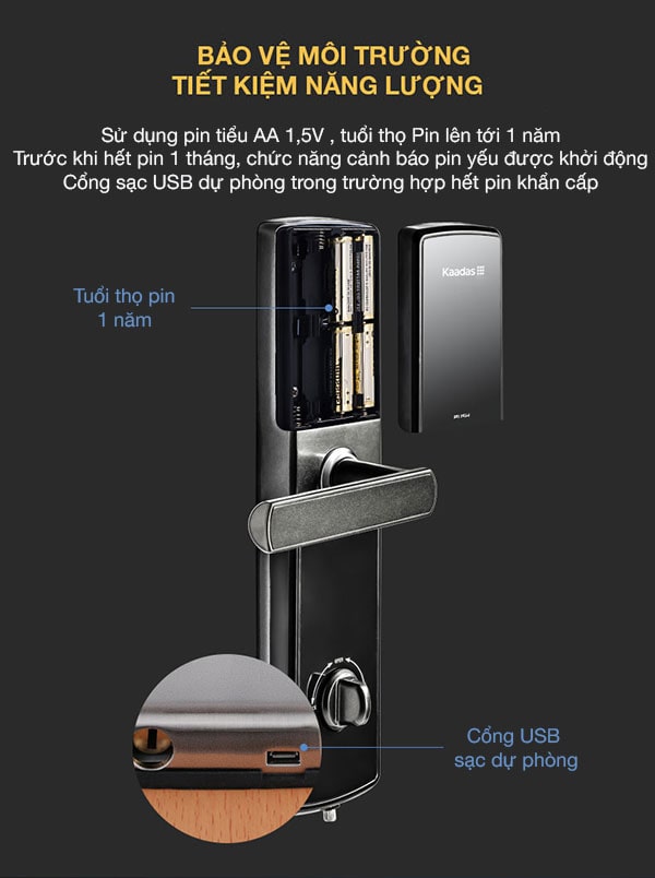 Khoá cửa điện tử Kaadas 5088 - Mã số, thẻ từ 7 4. Thông tin pin, nguồn điện sử dụng