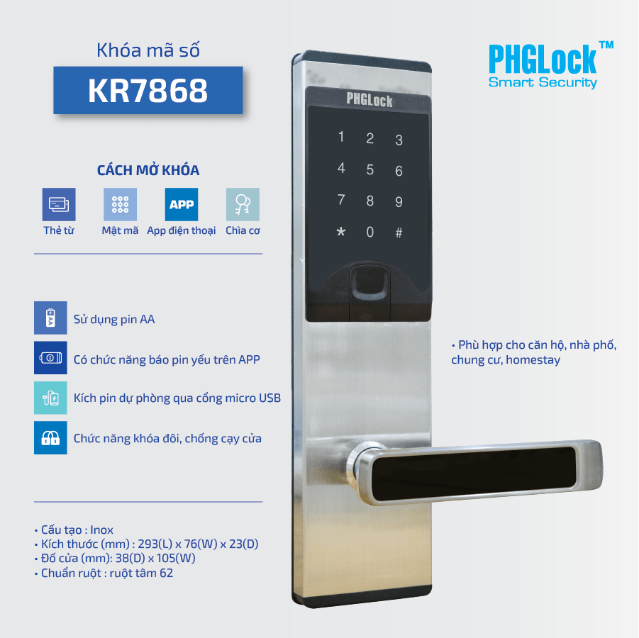 Khoá cửa thông minh - Mã số, thẻ từ PHGLock KR7868 1 Mua khoá cửa mã số - khoá thẻ từ PHGLock KR7868