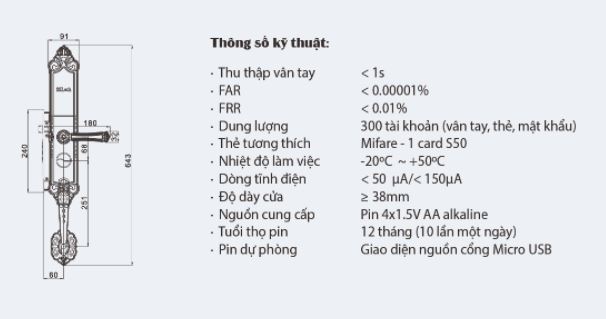 Khoá cửa thông minh SSLock A165-FACP 5 3. Thông số kỹ thuật khóa điện tử thông minh A165-FACP mạ vàng 24k:
