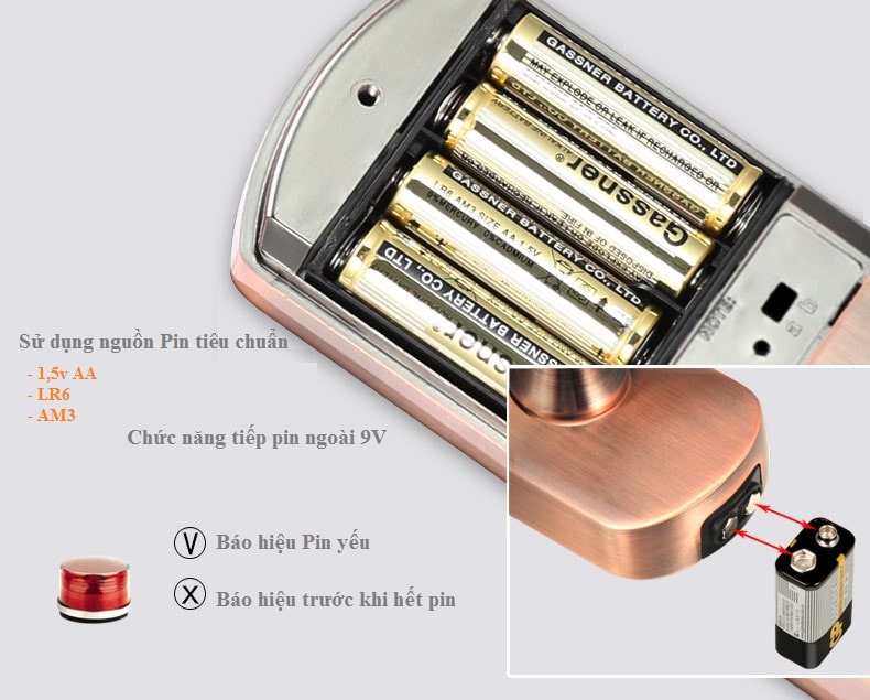 6. Thông tin nguồn điện trên khóa cửa vân tay ADEL 5500